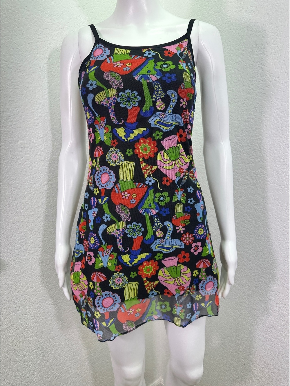 Women’s M WoWo Colorful Psychedelic Mushroom Sleeveless Mini Dress Rave Festival